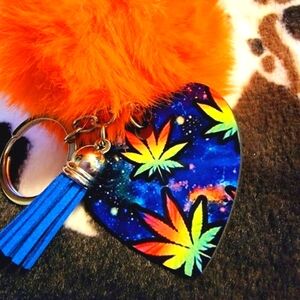 Galaxy Leaf Heart Pom Pom Tassel Keychain